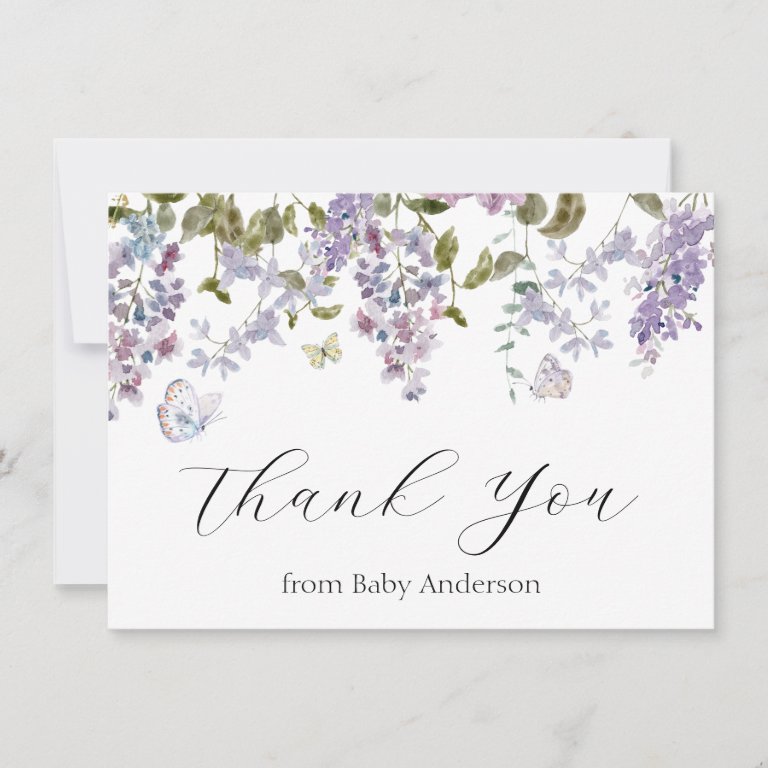 Lilac and Butterflies Shower Thank You Note Card