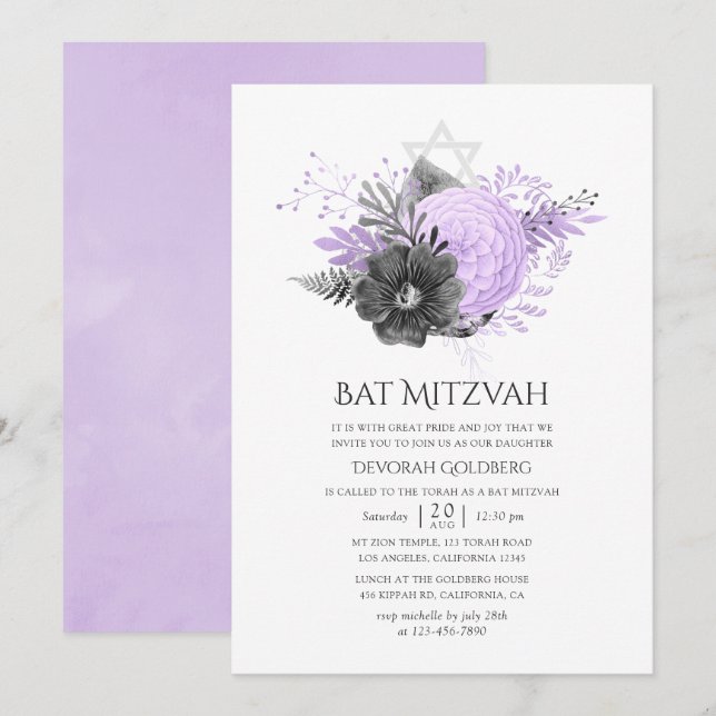 Lilac and Charcoal Floral Bat Mitzvah Invitation (Front/Back)
