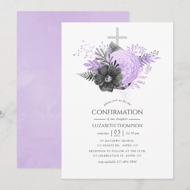 Lilac and Charcoal Floral Confirmation Invitation (Front/Back)