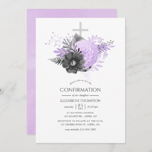 Lilac and Charcoal Floral Confirmation Invitation