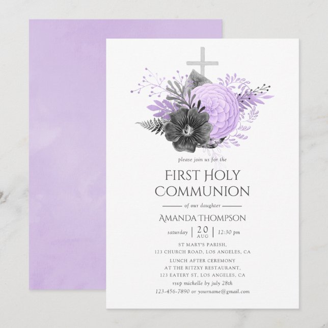 Lilac and Charcoal Floral First Holy Communion Invitation (Front/Back)