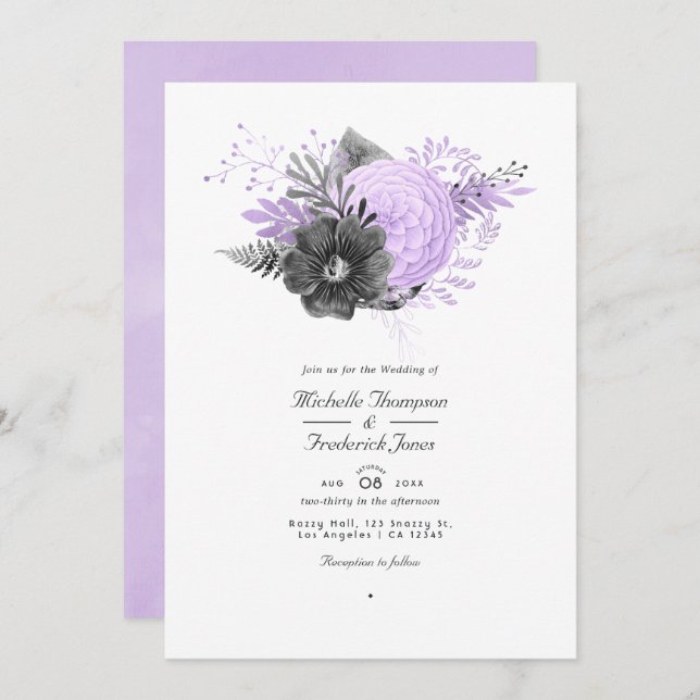 Lilac and Charcoal Floral  QR Code RSVP Wedding Invitation (Front/Back)