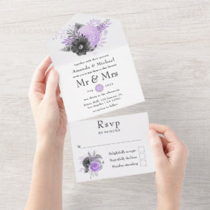 Lilac and Charcoal Floral Wedding All In One Invitation