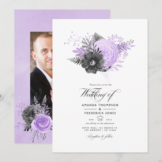 Lilac and Charcoal Floral Wedding Photo Invitation (Front/Back)
