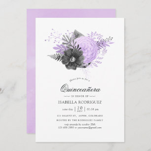 Lilac and Charcoal Watercolor Floral Quinceañera Invitation