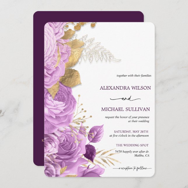 Lilac and Gold Floral   Elegant Wedding Invitation (Front/Back)