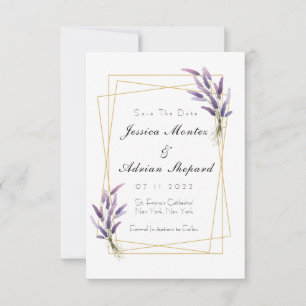 Lilac and gold save the dates invitation