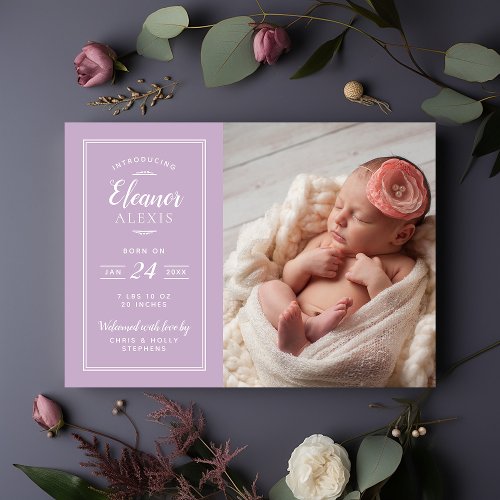 Lilac and Gray Baby Girl Photo Birth Announcement