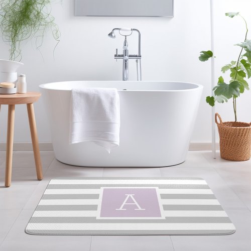 Lilac and Gray Stripes Monogram  Editable Colors Bath Mat