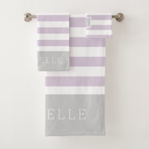 Lilac and Gray Stripes Monogram Editable Colors Bath Towel Set