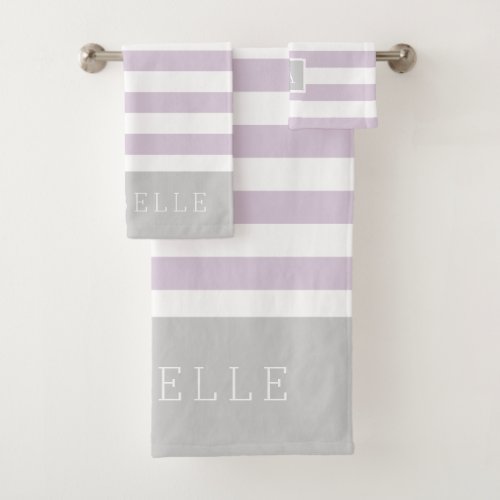 Lilac and Gray Stripes Monogram  Editable Colors Bath Towel Set