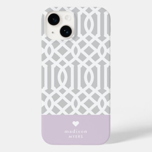 Lilac and Gray Trellis Heart Monogram Case_Mate iPhone 14 Case