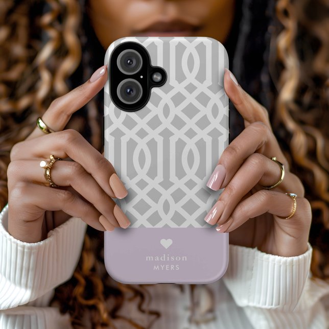 Lilac and Gray Trellis Heart Monogram Case-Mate iPhone Case (Creator Uploaded)