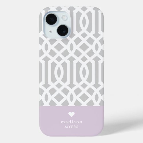 Lilac and Gray Trellis Heart Monogram iPhone 15 Case