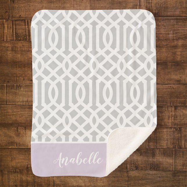 Lilac and Gray Trellis Monogram | Editable Colors Sherpa Blanket (Creator Uploaded)