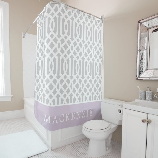 Lilac and Gray Trellis Monogram | Editable Colors Shower Curtain (In Situ)