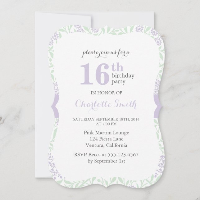 Lilac and Green Floral Pattern Birthday Invitation (Front)