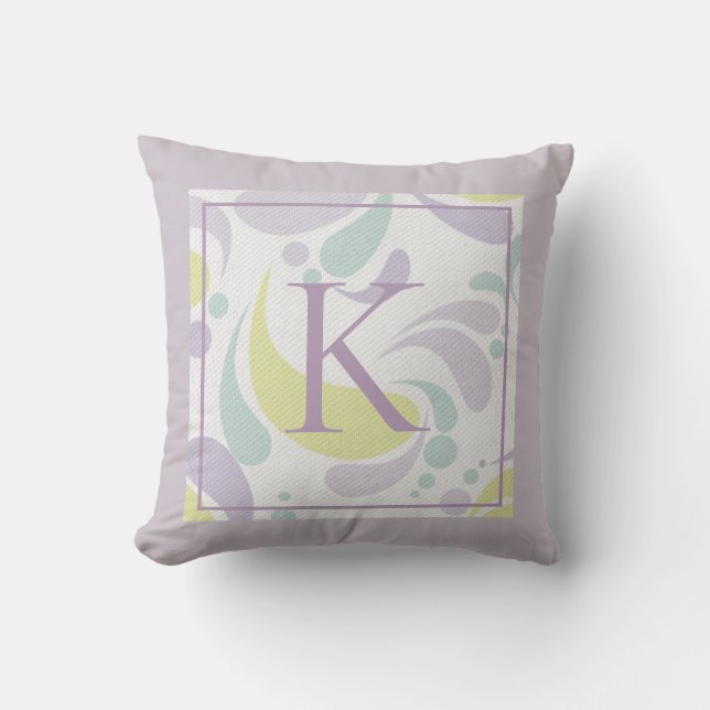 Lilac and Green Pastel Light Pattern Monogram Throw Pillow (Front)