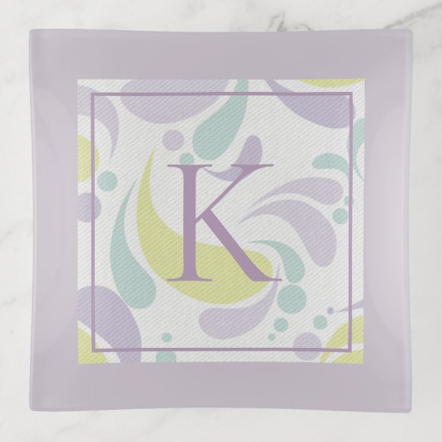 Lilac and Green Pastel Light Pattern Monogram Trinket Tray (Front)