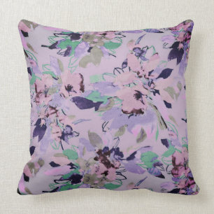 Lilac and Green Watercolor Floral Throw Pillow