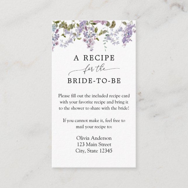 Lilac and Lavender Bridal Recipe Request Enclosure Card (Front)