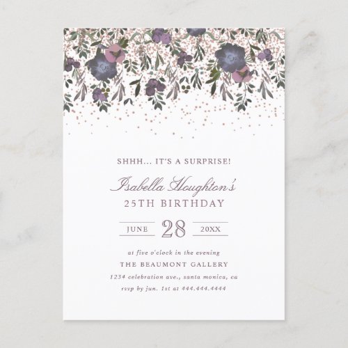 Lilac and Mauve Hand_painted Floral Surprise Party Invitation Postcard