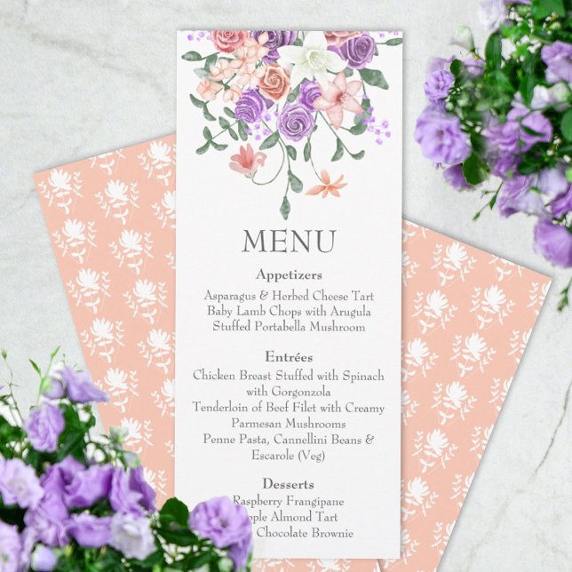 Lilac and Peach Rose Bouquet Dinner Menu Invitation (lilac purple peach wedding reception dinner menu, rose bouquet, floral design, spring springtime)