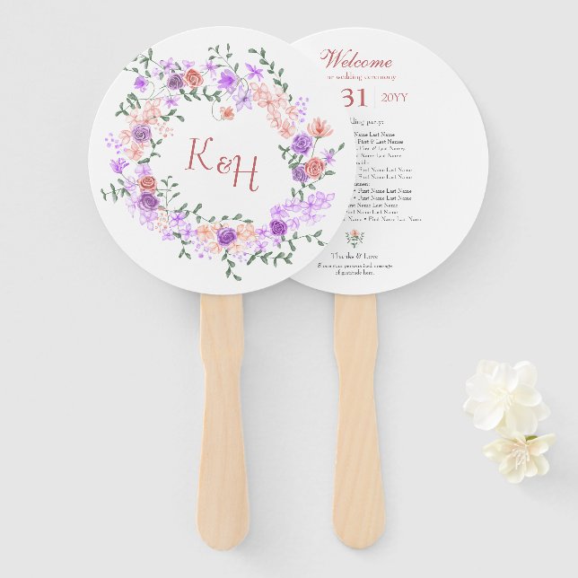 Lilac and Peach Rose Wreath Wedding  Hand Fan (Front and Back)