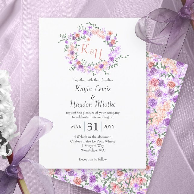 Lilac and Peach Rose Wreath Wedding Invitation (Lilac purple and peach rose wreath, botanical rose garden wedding invitations, round roses vine)