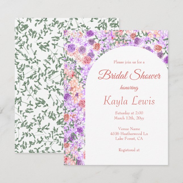 Lilac and Peach Roses, Arched Bridal Shower Invitation (Front/Back)