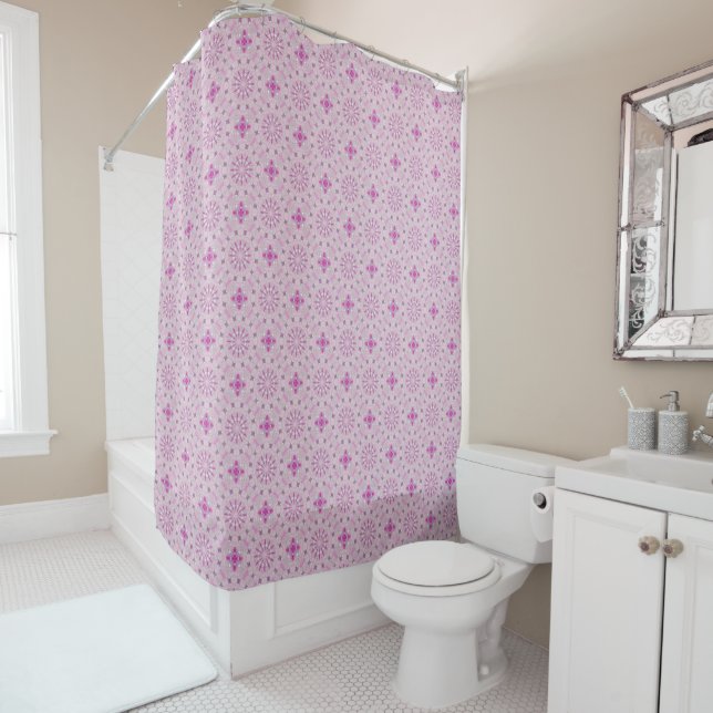 Lilac and Pink Circle Geo Repeat Pattern Shower Curtain (In Situ)