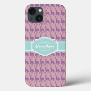 Lilac and Pink Deer, Mint Personalized Name iPhone 13 Case