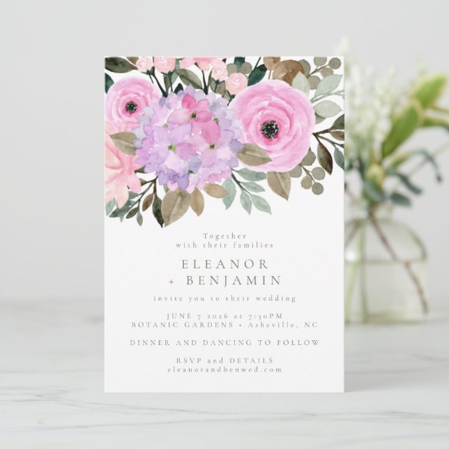 Lilac and Pink Floral Bouquet Boho Wedding Invitation (Standing Front)