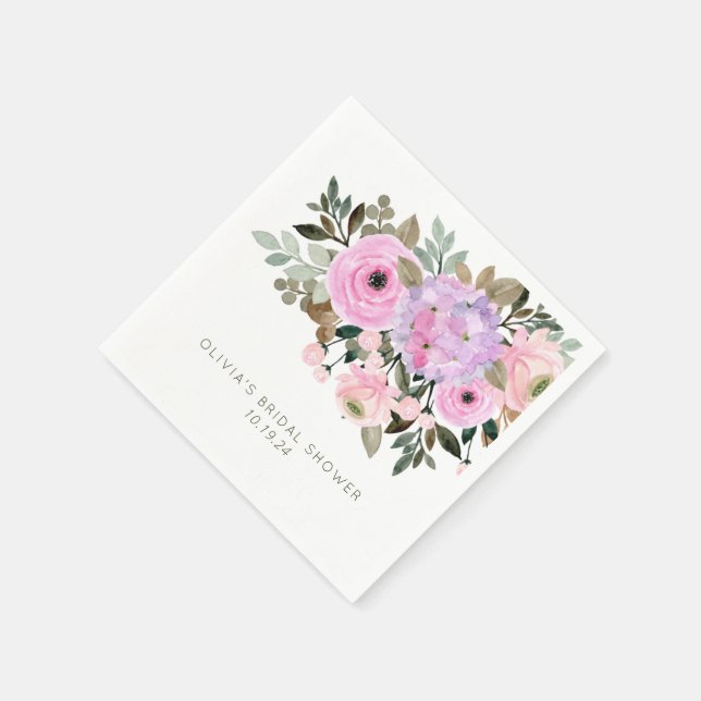 Lilac and Pink Floral Bouquet Bridal Shower Custom Napkins (Corner)