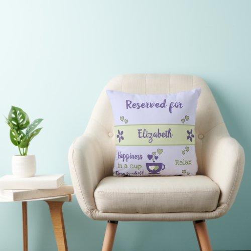 Lilac and purple coffee lover with hearts and name throw pillow