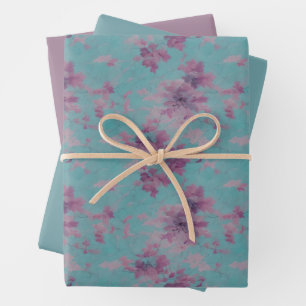 Lilac and Purple Flower Design on Blue Wrapping Paper Sheets