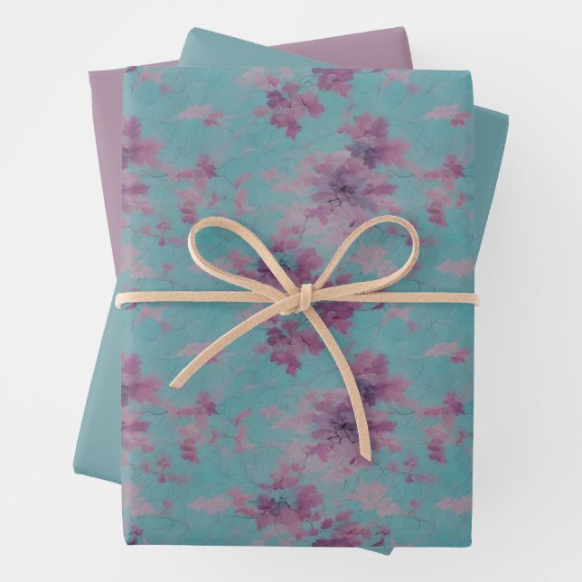 Lilac and Purple Flower Design on Blue Wrapping Paper Sheets (In situ)