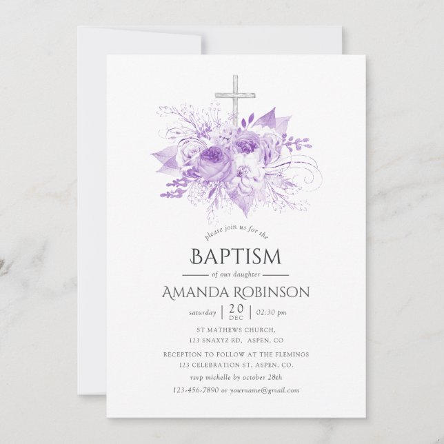 Lilac and Silver Floral Baptism or Christening Invitation (Front)