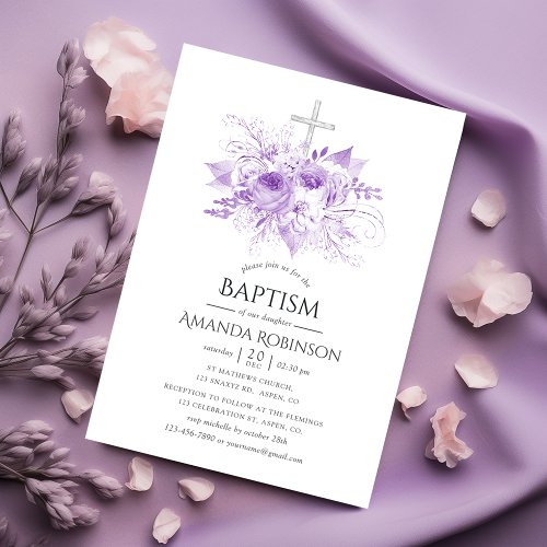 Lilac and Silver Floral Baptism or Christening Invitation