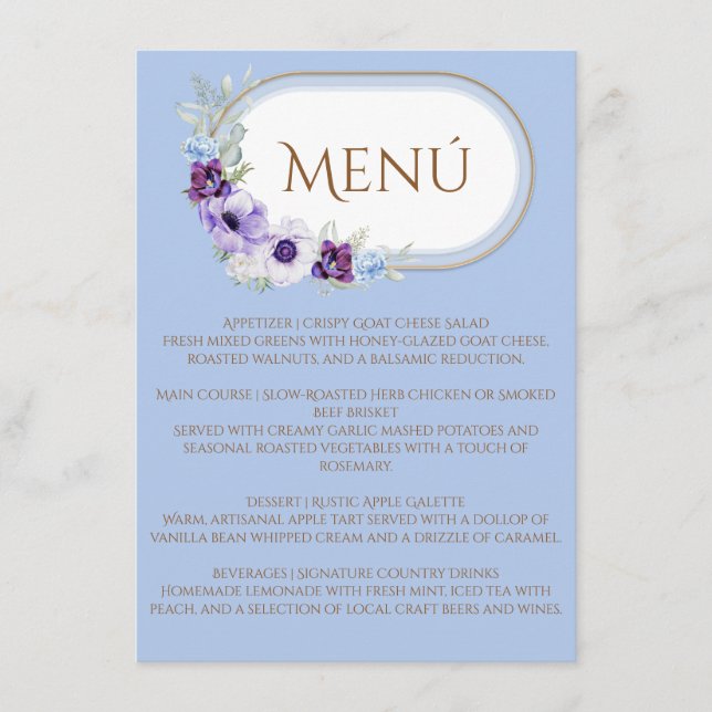Lilac and Violet Floral Blue Oval Gold Menu (Front)