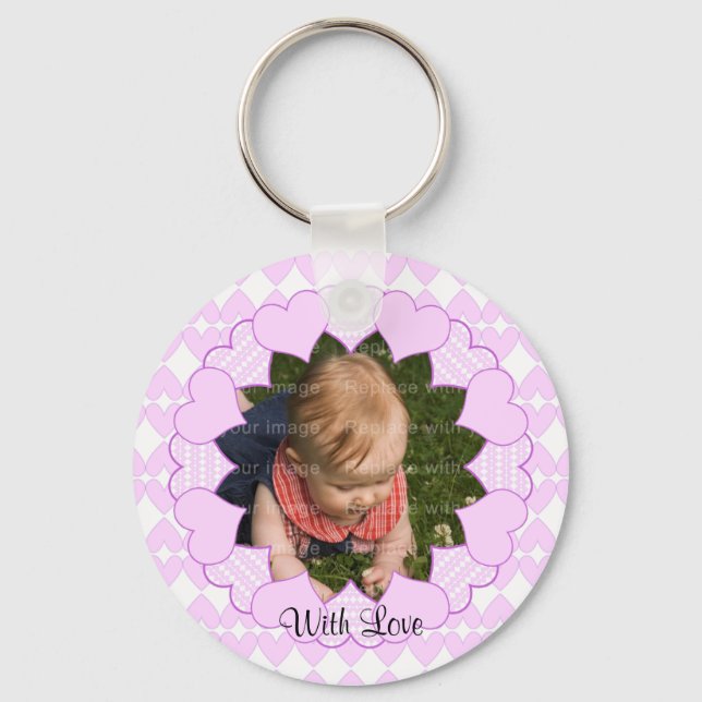 Lilac and white cute hearts template keychain (Front)
