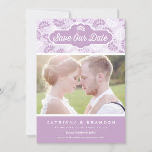 Lilac and White Floral Pattern Photo Save Our Date Invitation