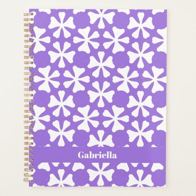 Lilac and White Modern Geometric Floral Pattern Planner (Front)