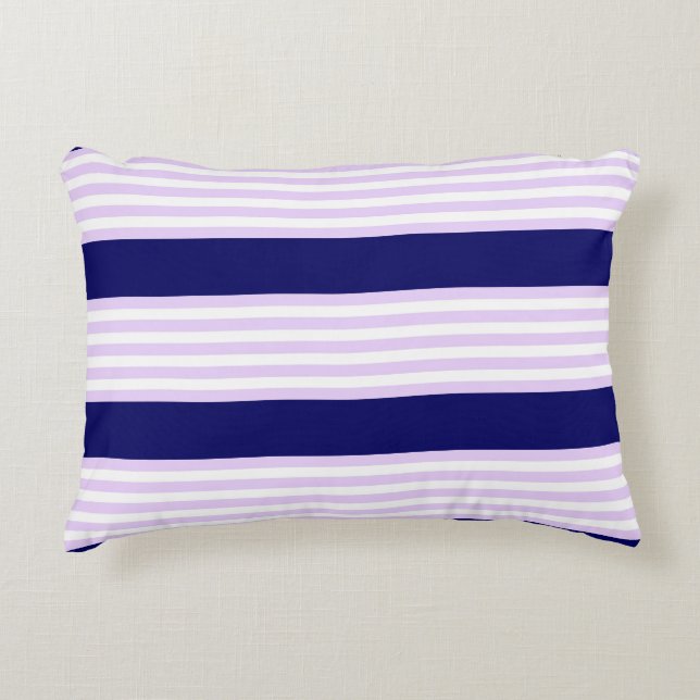 Lilac and white stripes pattern with navy blue accent pillow (Front)