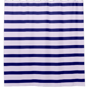 Lilac and white stripes pattern with navy blue shower curtain