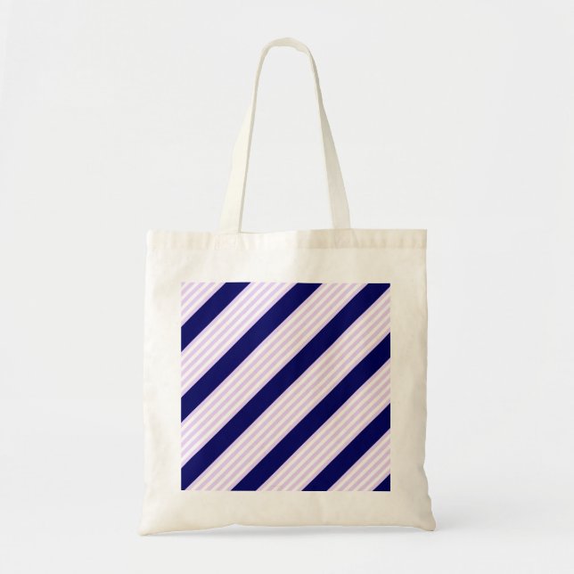 Lilac and white stripes pattern with navy blue tote bag (Front)