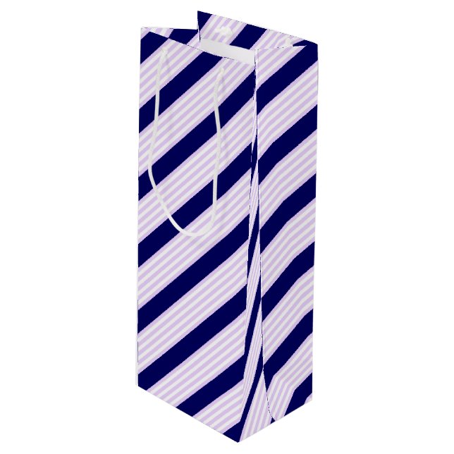 Lilac and white stripes pattern with navy blue wine gift bag (Front Angled)