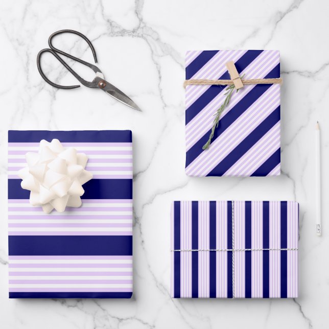 Lilac and white stripes pattern with navy blue wrapping paper sheets (Front)