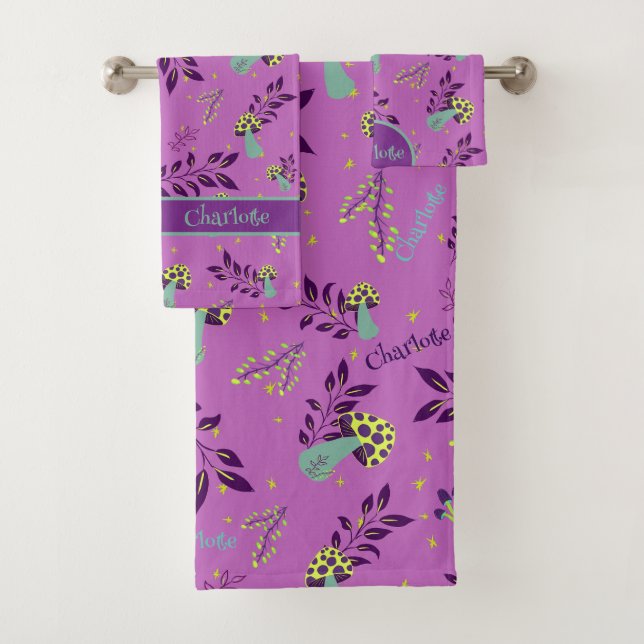 Lilac and Yellow Funny Mushrooms Pattern Baby Name Bath Towel Set (Insitu)