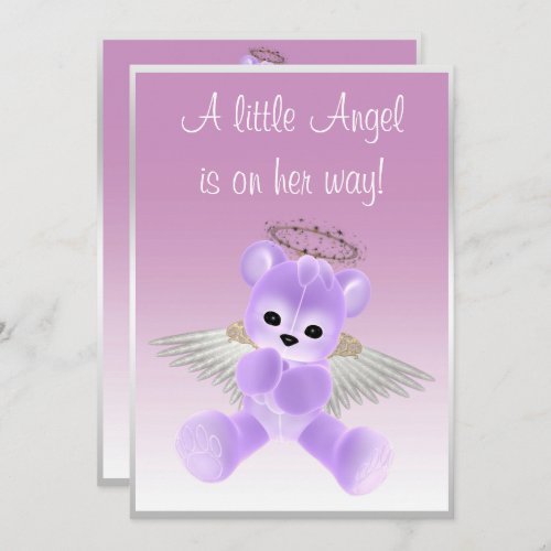 Lilac Angel Teddy Bear Baby Shower Invitation